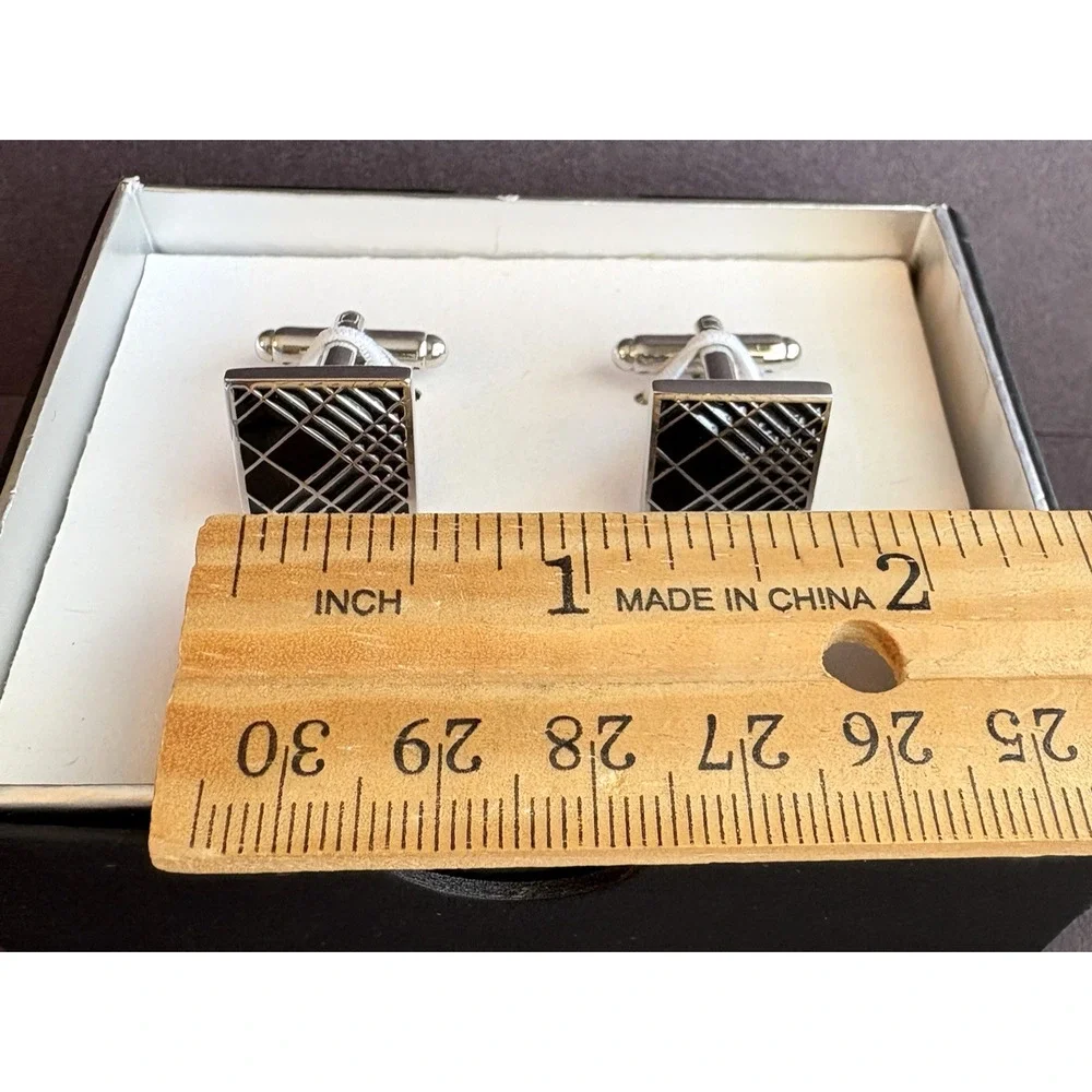 Geoffrey Beene Men's Cufflinks‎ Silver & Black Enamel Square Geometric Classic